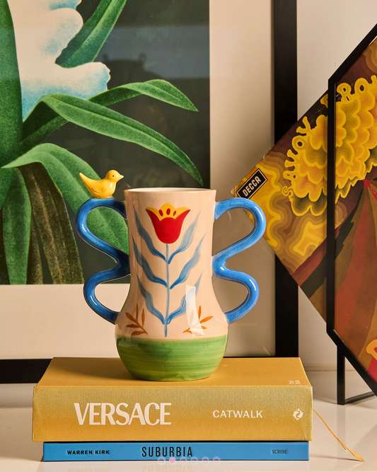 RETRO FOLK STONEWARE HAND PAINTED VASE