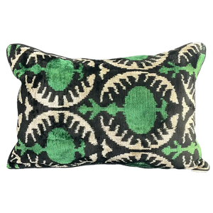 SILK VELVET IKAT CUSHION COVER - GREEN POM
