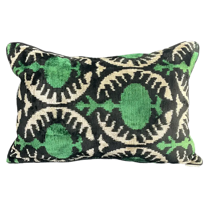 SILK VELVET IKAT CUSHION COVER - GREEN POM