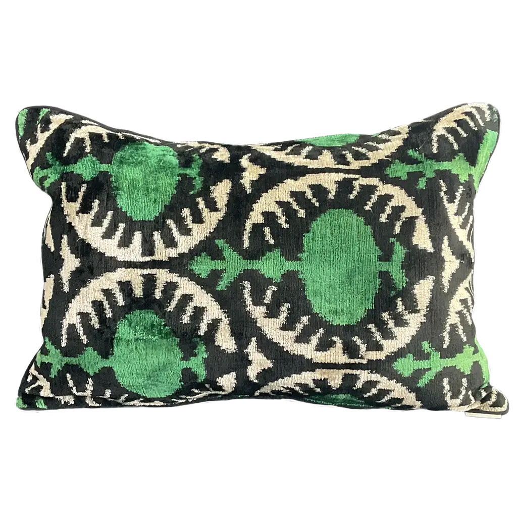 SILK VELVET IKAT CUSHION COVER - GREEN POM