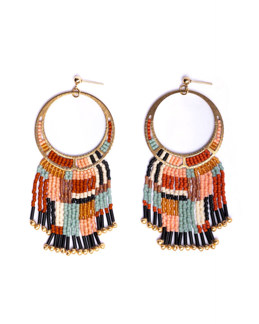 BEADED HANDWOVEN PAINTED DESERT FRINGE EARRINGS - AQUA / DUST