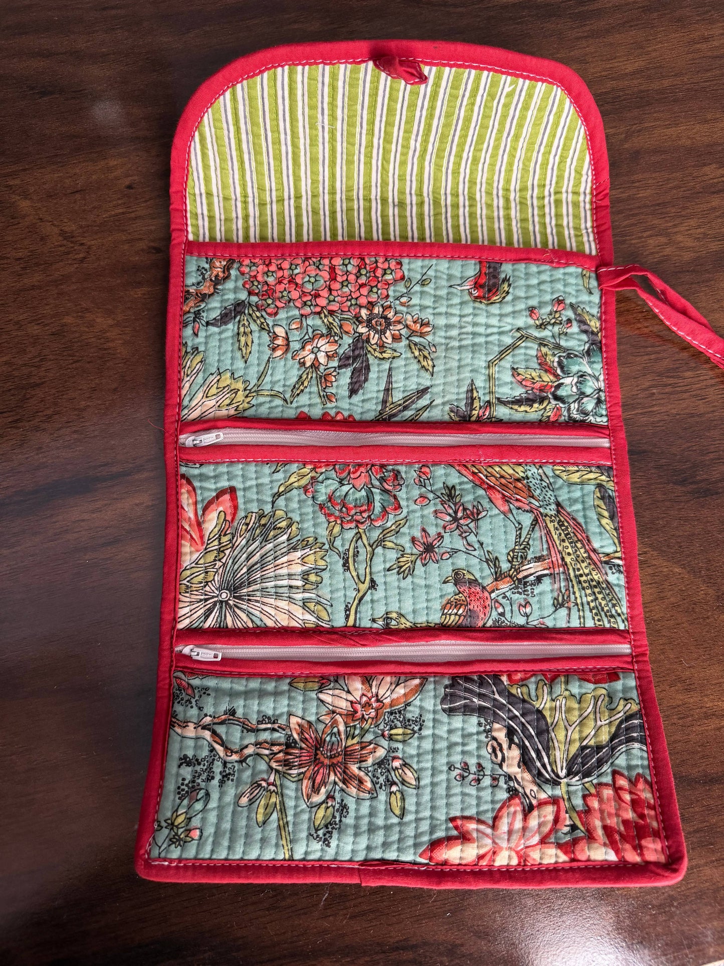 QUILTED COTTON JEWELLERY STORAGE PURSE - TURQUOISE FLORAL
