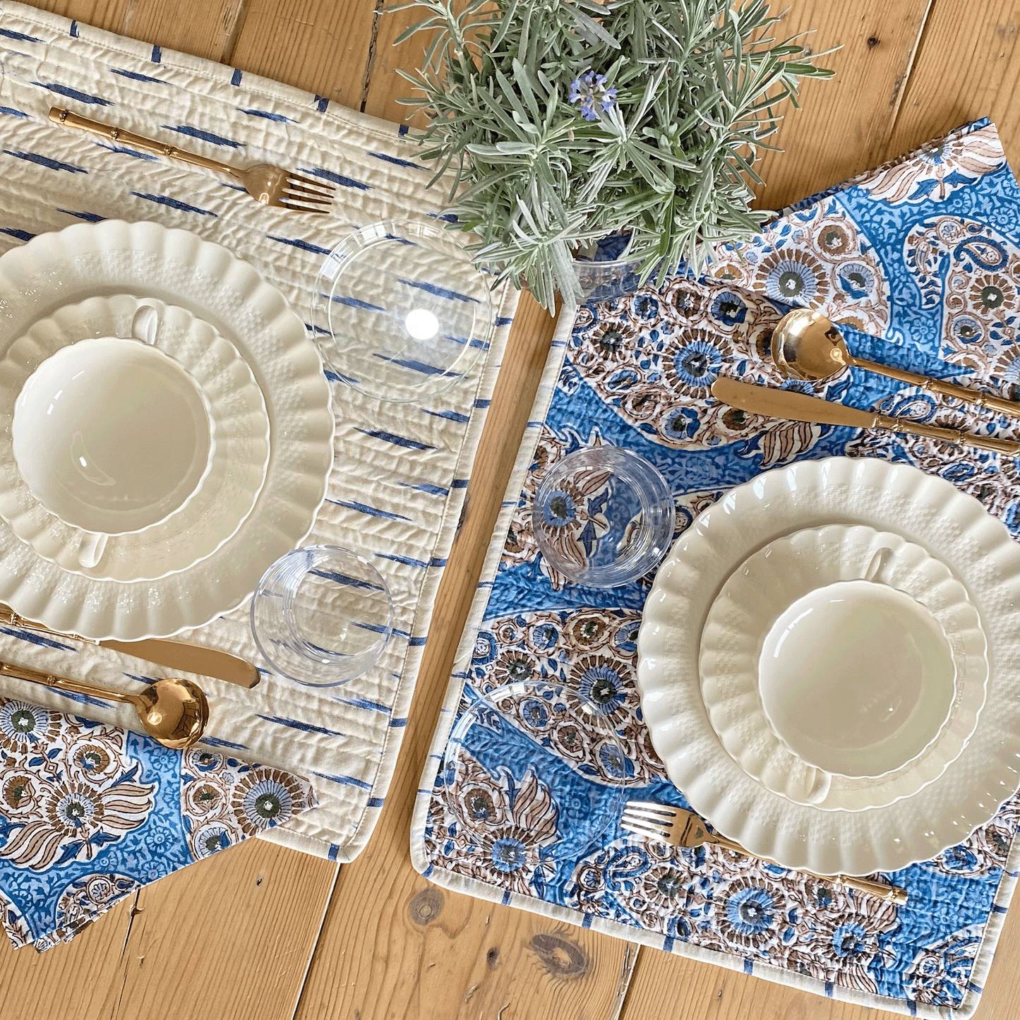 REVERSABLE BLUE PAISLEY & CREAM IKAT PLACEMATS WITH NAPKINS - SET OF 6