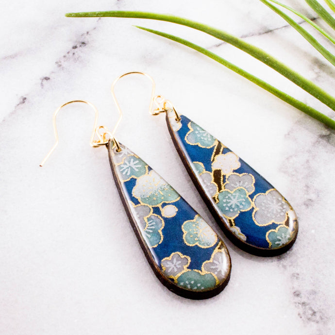 DUSKY BLUE CHERRY BLOSSOM TEARDROP EARRINGS