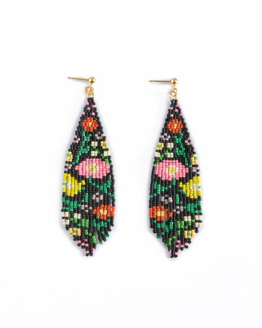 BEADED HANDWOVEN WILDFLOWER FRINGE EARRINGS - BLACK
