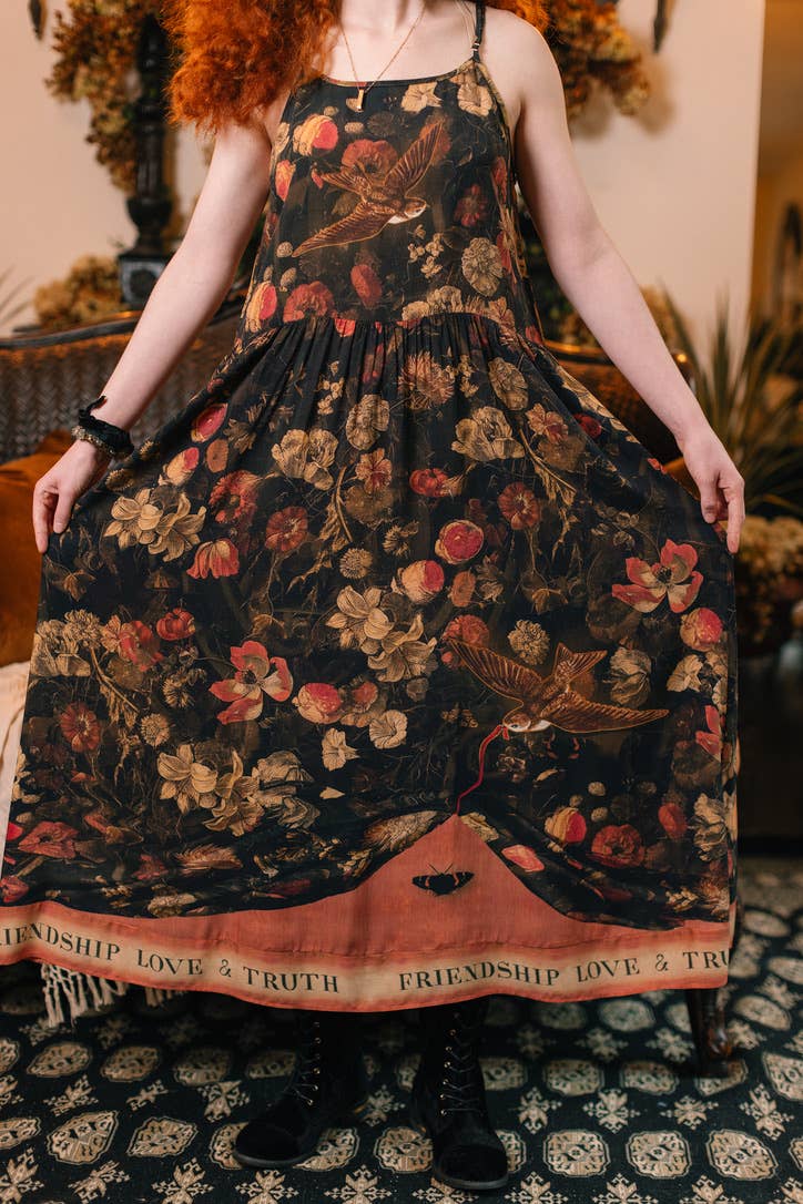 HEART OF GOLD BOHÉME LONG MAXI SLIP DRESS WITH SACRED HEART