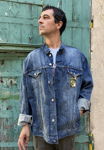 UPCYCLED DENIM JACKET WITH VINTAGE NEEDLEPOINT - CASTLE & SWANS