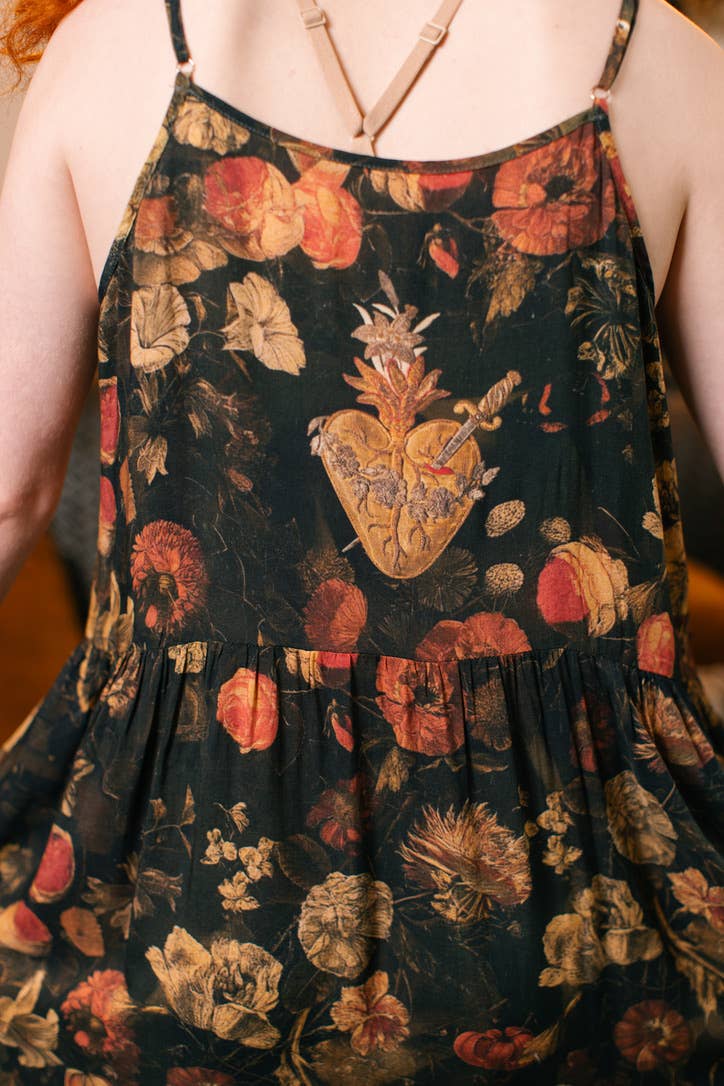 HEART OF GOLD BOHÉME LONG MAXI SLIP DRESS WITH SACRED HEART