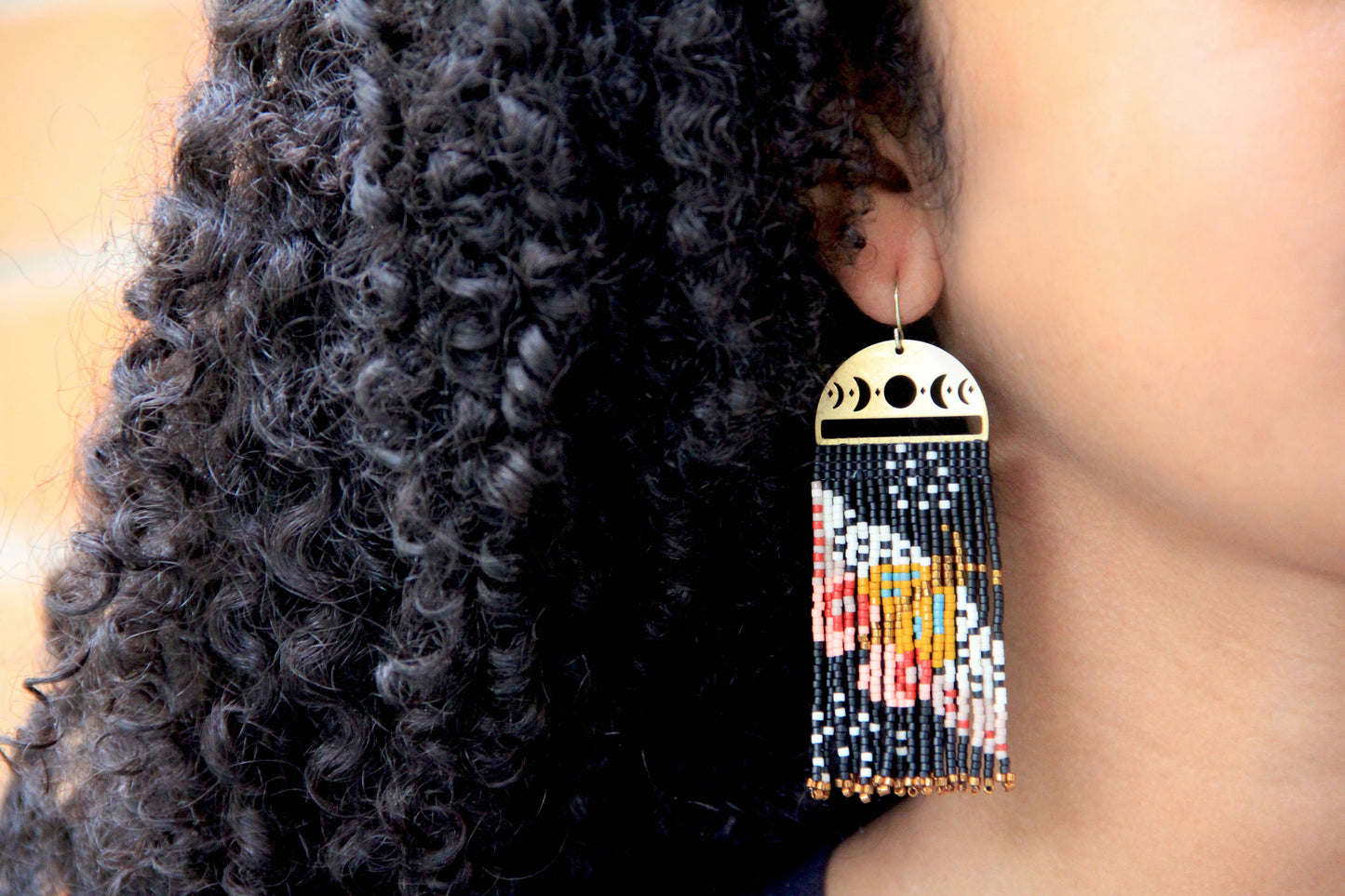 BEADED HANDWOVEN MOONLIT MOTH FRINGE EARRINGS - BLACK