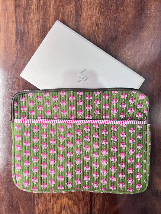 QUILTED COTTON LAPTOP BAG - GREEN & PINK FLORAL