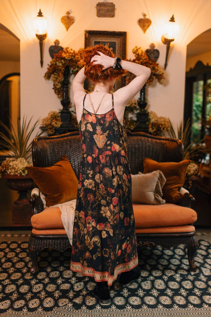 HEART OF GOLD BOHÉME LONG MAXI SLIP DRESS WITH SACRED HEART