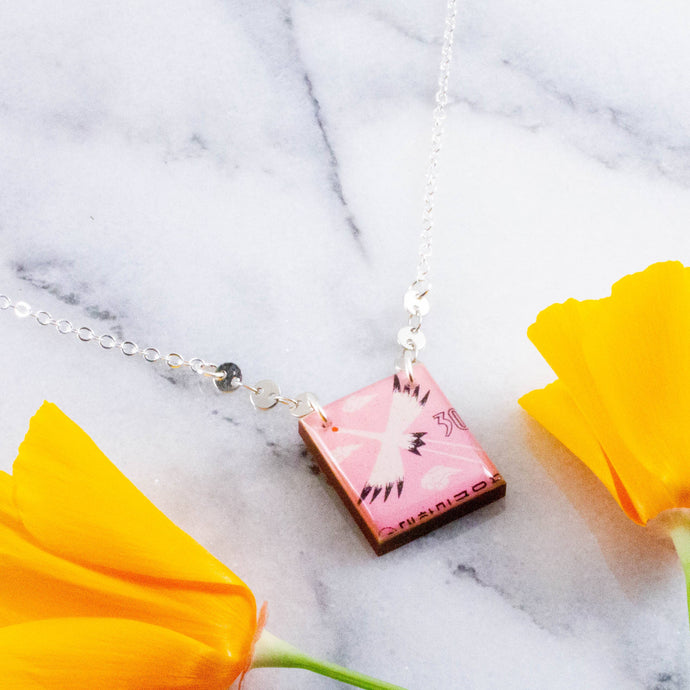 MIDCENTURY KOREAN CRANE POSTAGE STAMP NECKLACE