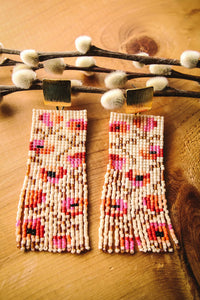 BEADED HANDWOVEN POPPY FLOWER FRINGE EARRINGS - CREAM/PINK