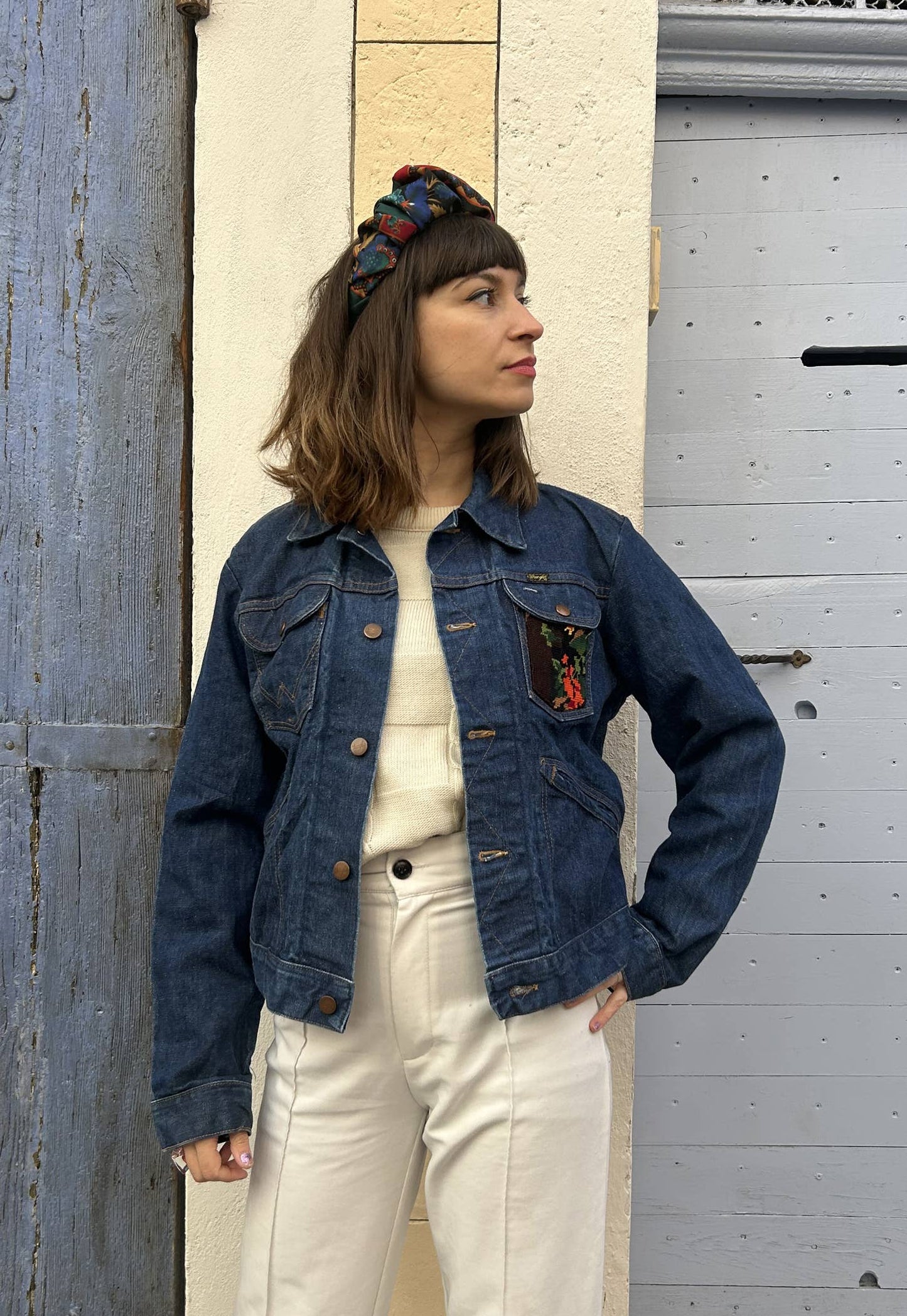 UPCYCLED DENIM JACKET WITH VINTAGE NEEDLEPOINT - FLORAL VASE