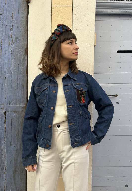 UPCYCLED DENIM JACKET WITH VINTAGE NEEDLEPOINT - FLORAL VASE