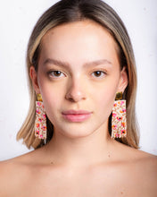 Load image into Gallery viewer, BEADED HANDWOVEN POPPY FLOWER FRINGE EARRINGS - CREAM/PINK