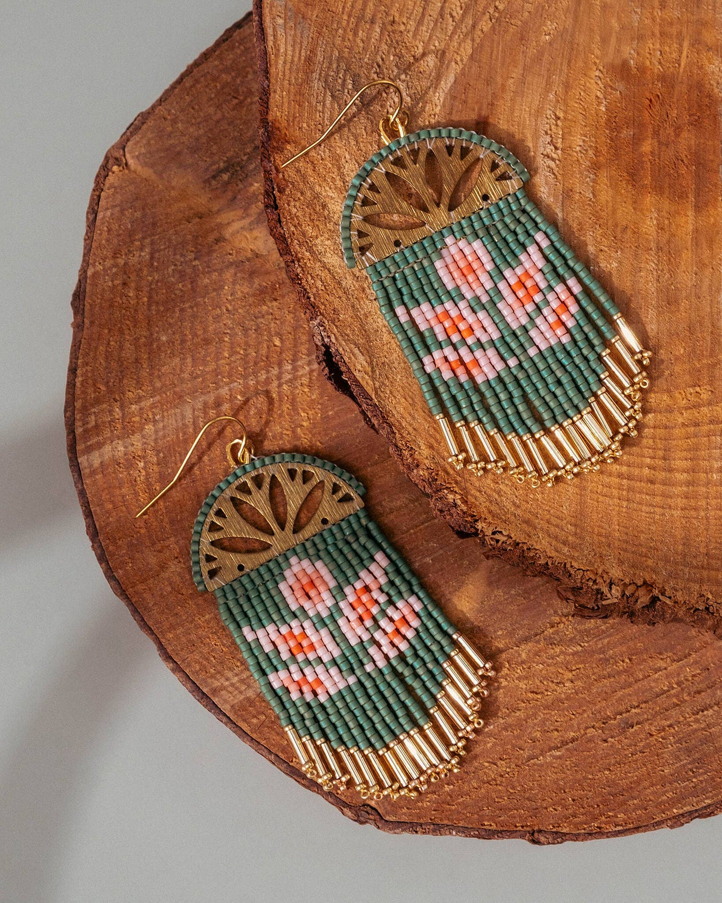 BEADED HANDWOVEN LOTUS FRINGE EARRINGS - GREEN