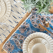 Load image into Gallery viewer, REVERSABLE BLUE PAISLEY &amp; CREAM IKAT PLACEMATS WITH NAPKINS - SET OF 6