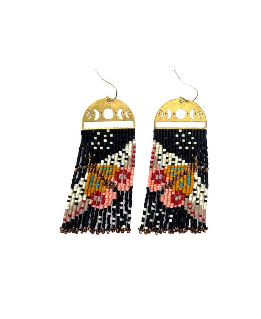 BEADED HANDWOVEN MOONLIT MOTH EARRINGS - BALCK/PINK