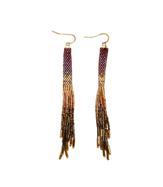 BEADED HANDWOVEN OMBRÉ TASSEL EARRINGS - VIOLET