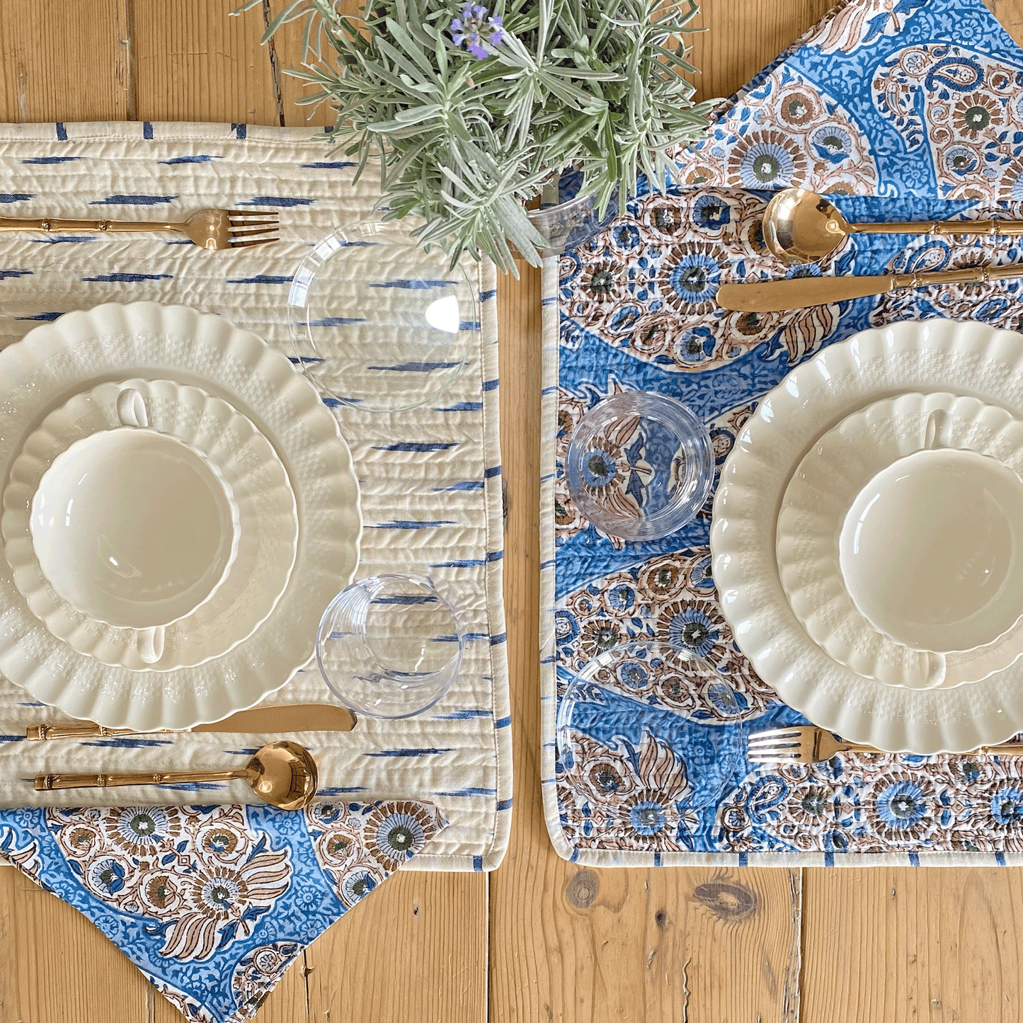 REVERSABLE BLUE PAISLEY & CREAM IKAT PLACEMATS WITH NAPKINS - SET OF 6