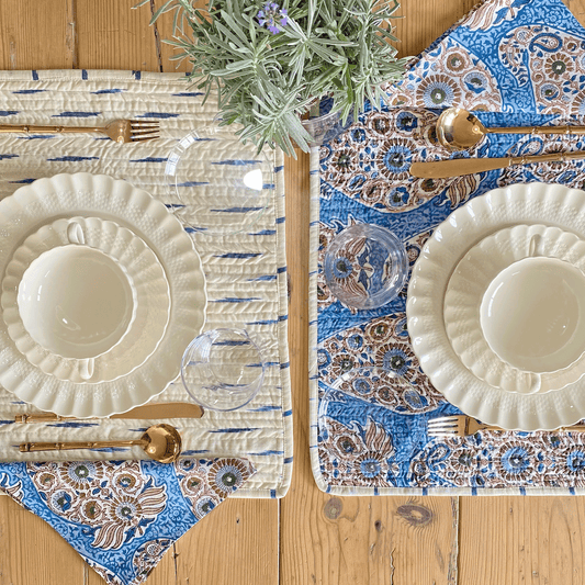 REVERSABLE BLUE PAISLEY & CREAM IKAT PLACEMATS WITH NAPKINS - SET OF 6