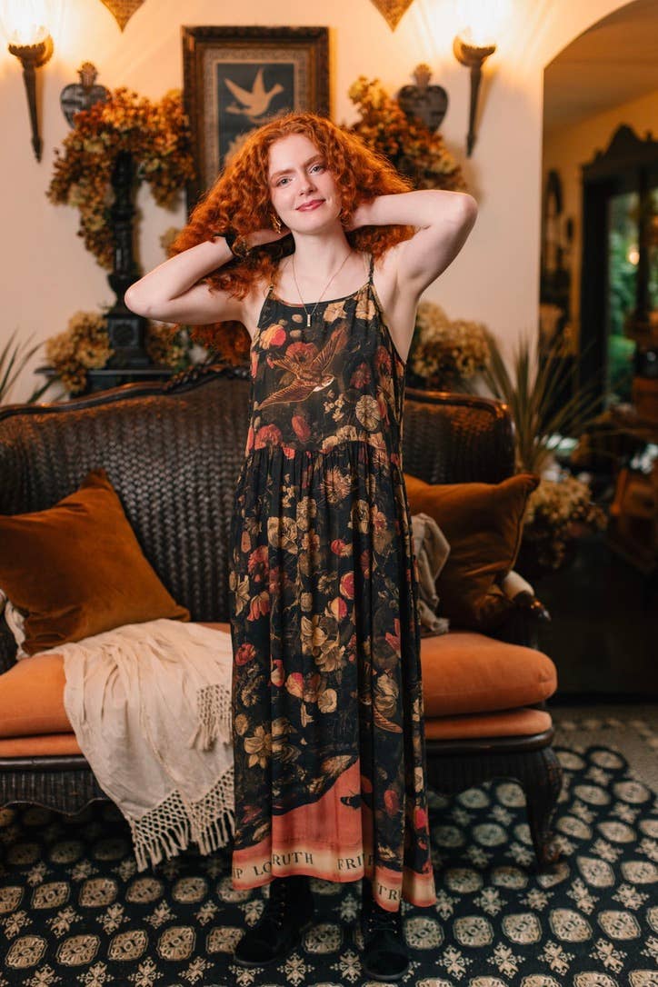 HEART OF GOLD BOHÉME LONG MAXI SLIP DRESS WITH SACRED HEART
