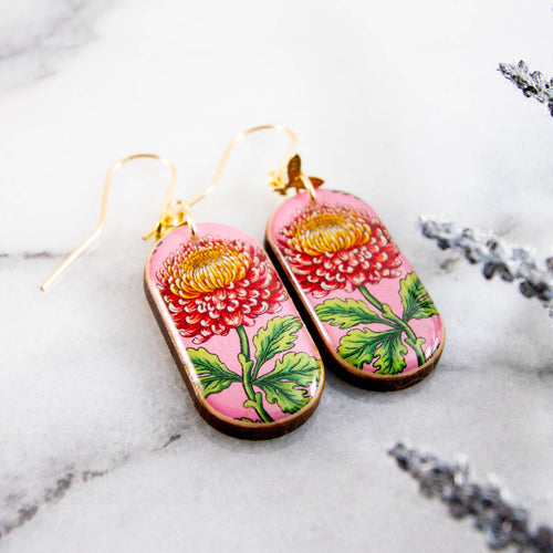 PINK CHRYSANTHEMUM FLOWER OBLONG EARRINGS
