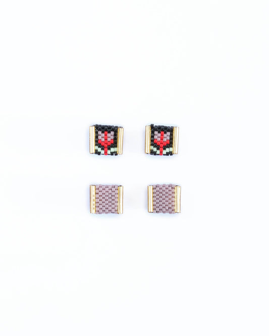 BEADED HANDWOVEN TULIP STUD PACK - BLACK / LILAC