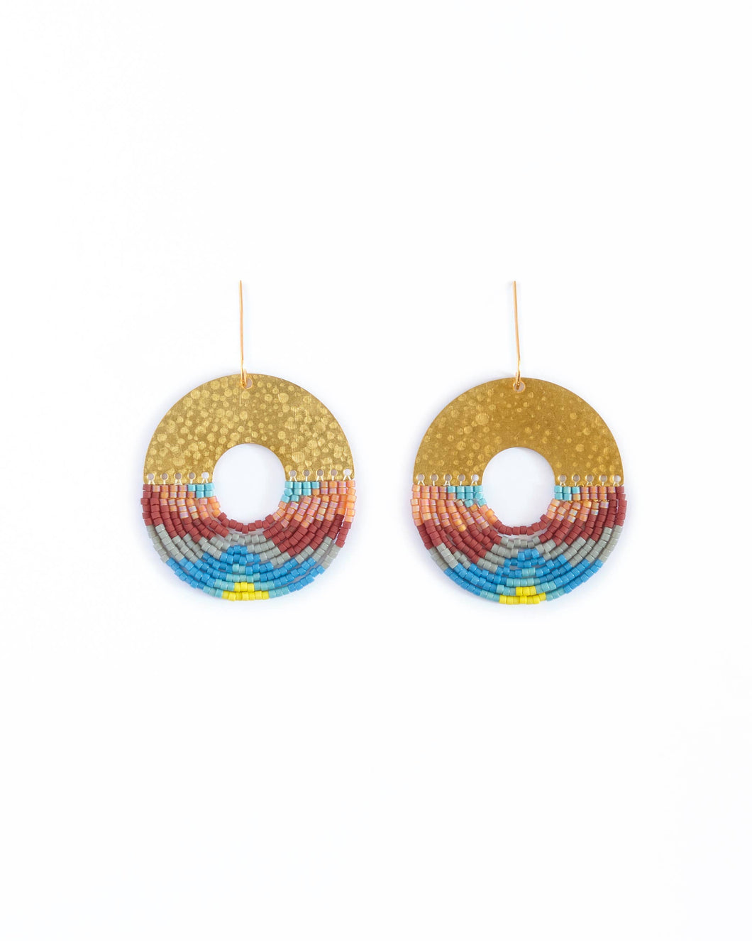 BEADED HANDWOVEN ORGANIC CIRCULAR FRINGE EARRINGS - BLUE