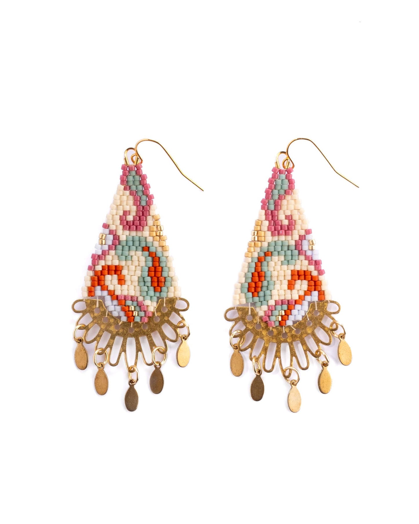 BEADED HANDWOVEN PAISLEY DROP EARRINGS - CREAM