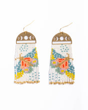 Load image into Gallery viewer, BEADED HANDWOVEN MOONLIT MOTH FRINGE EARRINGS - WHITE