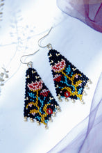 Load image into Gallery viewer, BEADED HANDWOVEN NIGHT BLOOM DROP EARRINGS - MIDNIGHT